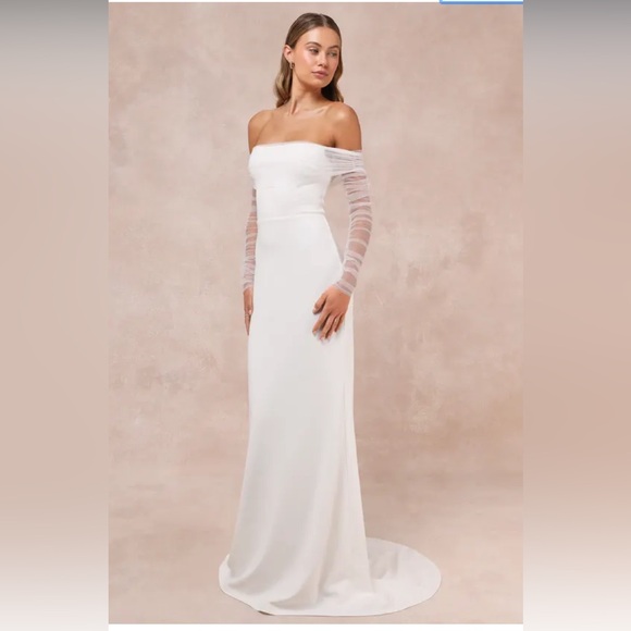 NWT Lulus Beautifully Beloved White Mesh Off-the-Shoulder Maxi Dress - Picture 3 of 4